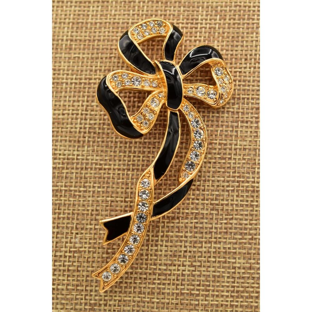 Vintage Bow Pin Brooch Rhinestone Crystal Pave Black Enamel Gold 1980s BinB